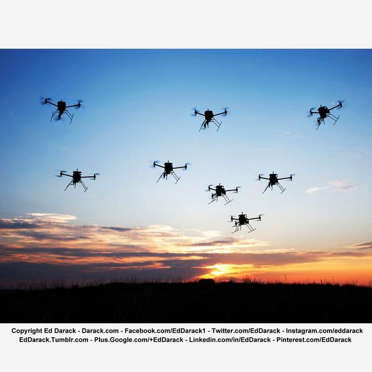 Drones in sky providing advanced security surveillance